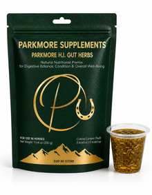 A dark green stand-up pouch of Parkmore Supplements 'Parkmore H.I. GUT Herbs