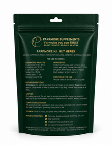 A dark forest green stand-up pouch of Parkmore Supplements H.I. GUT Herb